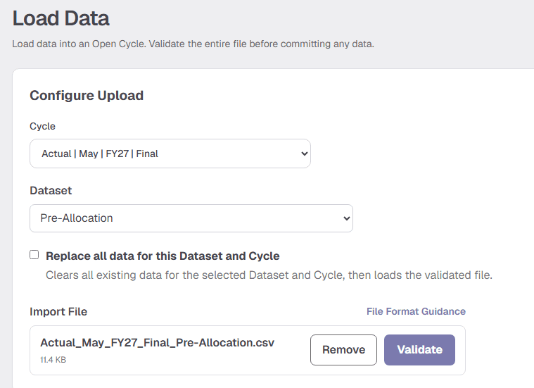 Prism pre-allocation data import