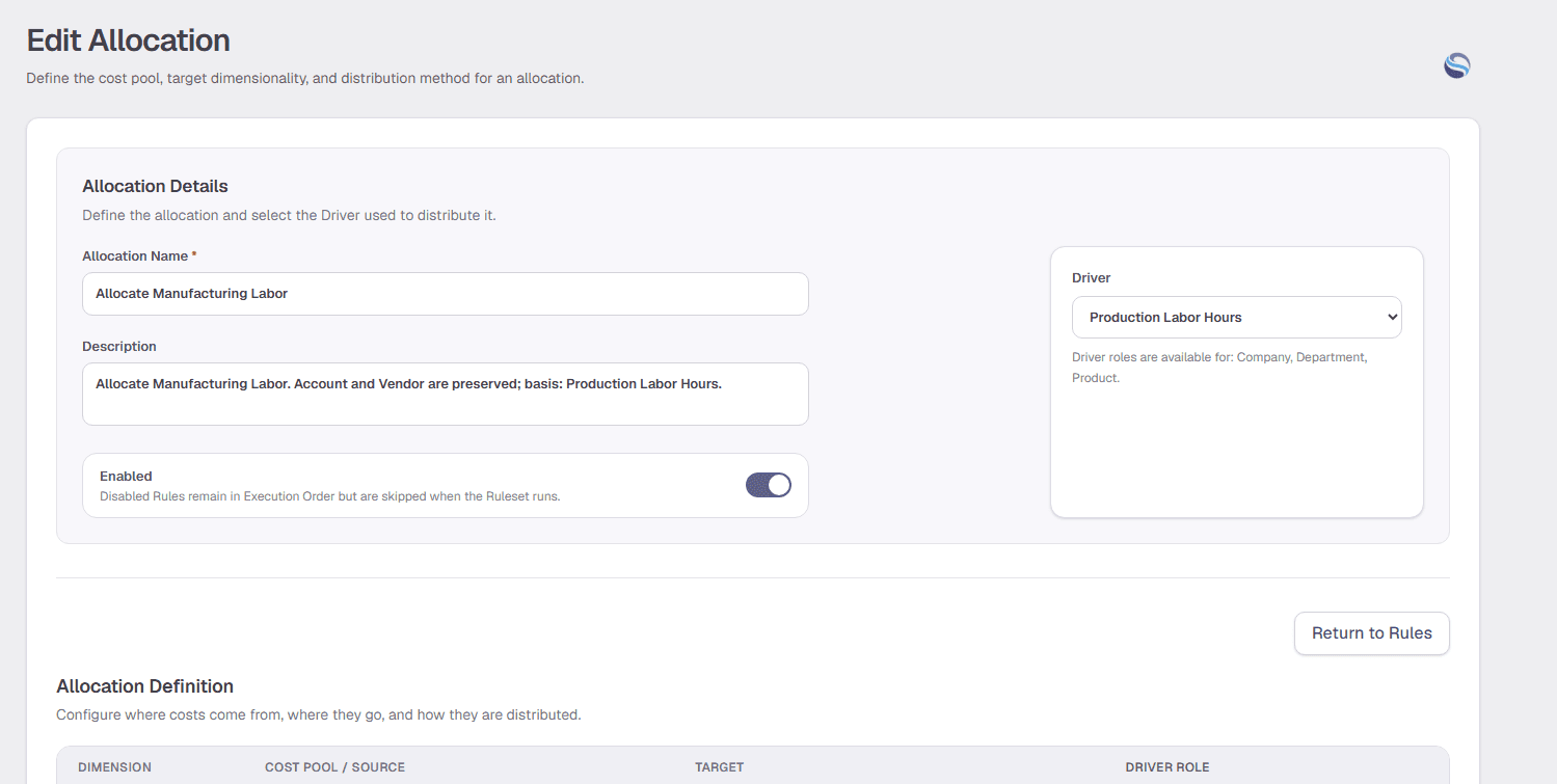 Prism Edit Allocation screen for Allocate Manufacturing Labor